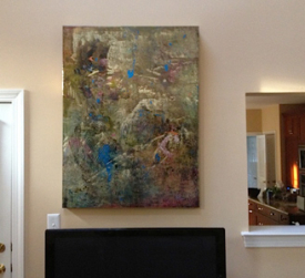 "Lit from Within", Pippin's gold leaf, acrylic, resin painting in collector Jarosiewicz's home.